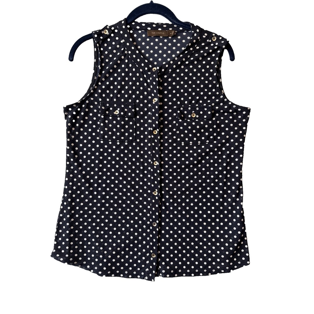 The Limited Navy Blue Sheer Polka Dot Sleeveless Blouse M Y2K Retro Preppy Work